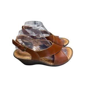 Born Brown Leather Wedge Sandal Criss-Cross Slingback Comfort Heels 2.5” Women 8